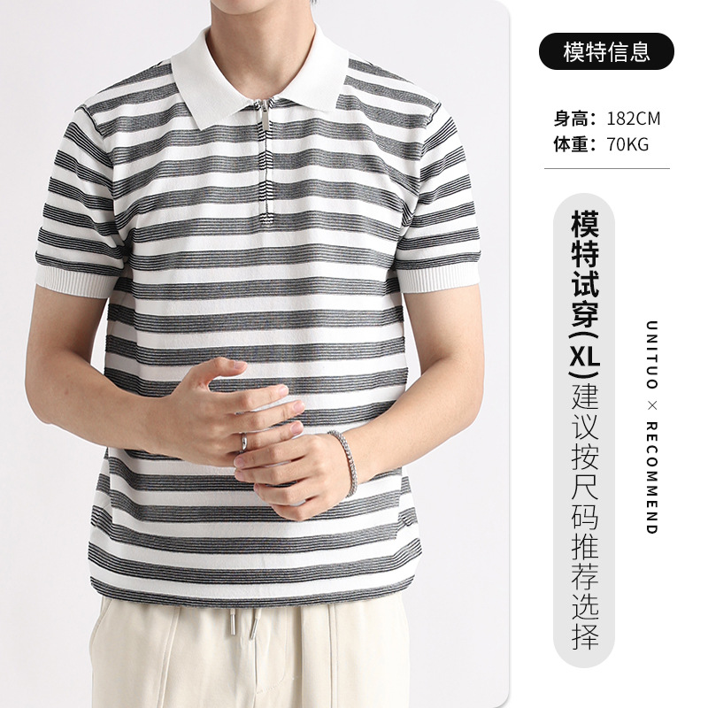 Hombres viejos tiendas de hielo polo camiseta de manga corta hombre verano alto sentido de negocios camiseta a rayas con collar para hombre