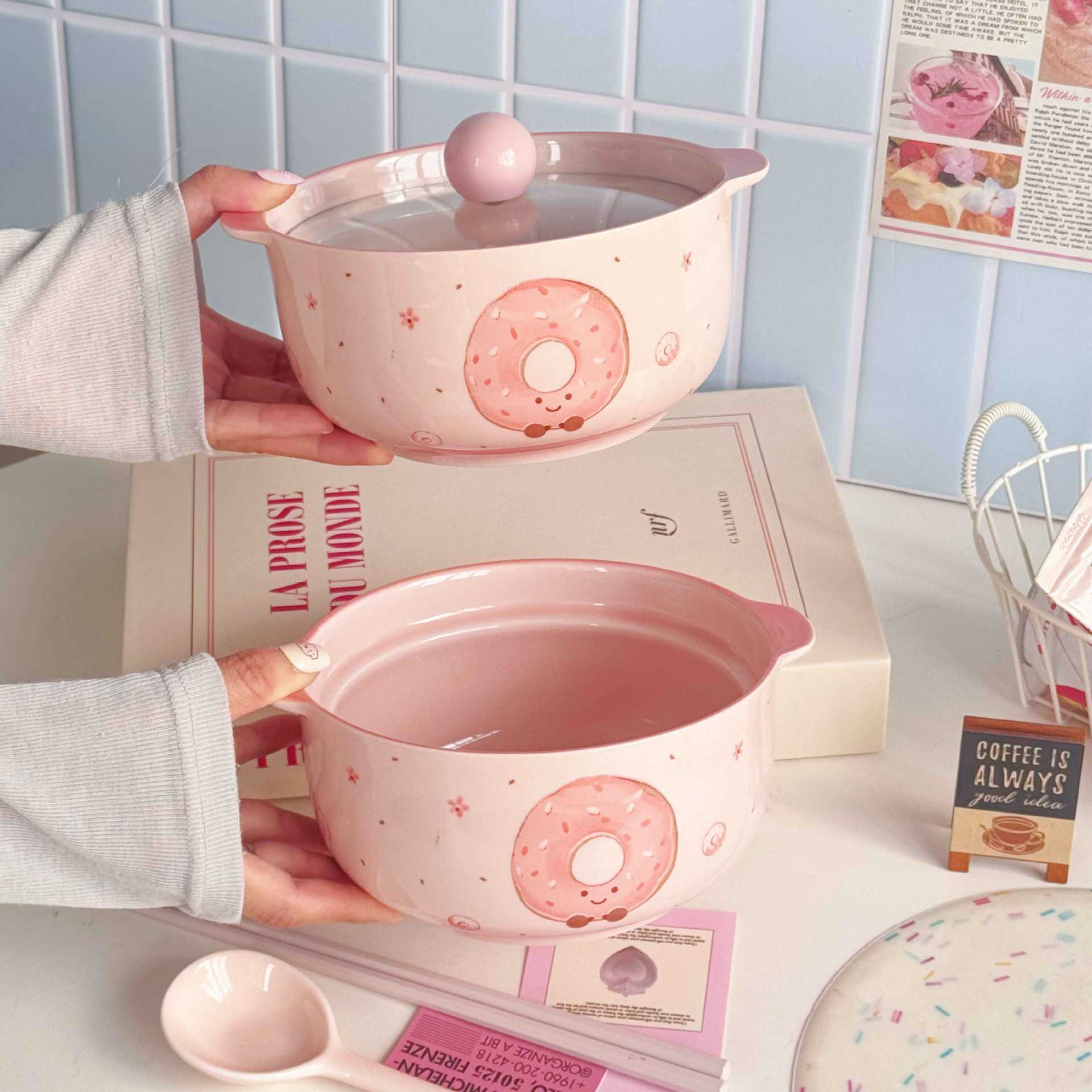 Donut Ceramic Instant Noodle Bowl For Dormitory Students With Lid,...