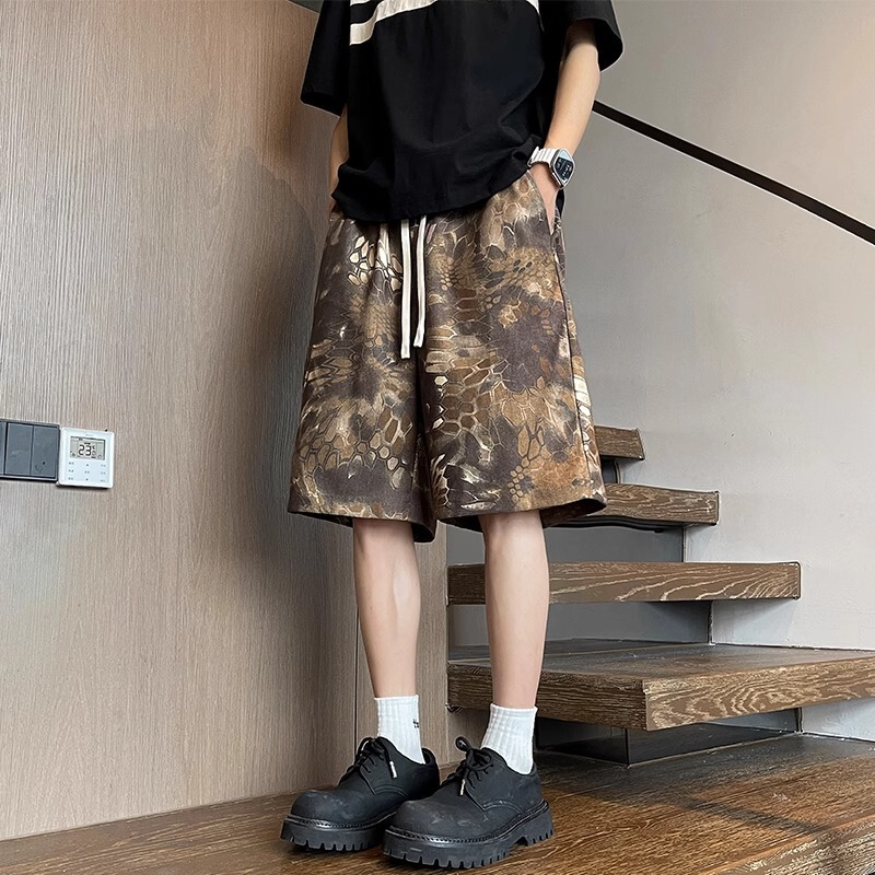 Snake Print Camouflage Denim Cargo Shorts Men's Summer Retro Hiohip Casual Pants Design Couple's Five-Point Pants