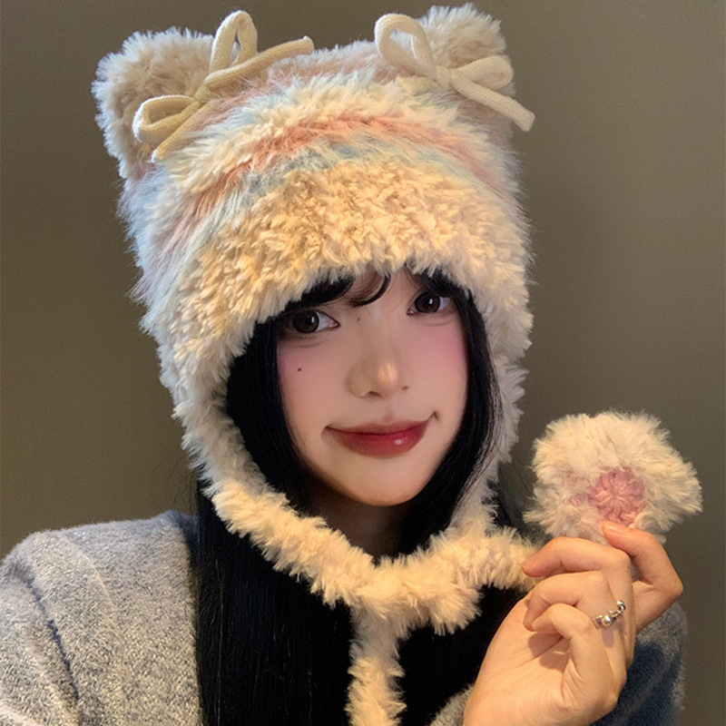 蝴蝶结猫耳朵毛绒帽女秋冬季条纹护耳针织帽显脸小保暖毛线帽子