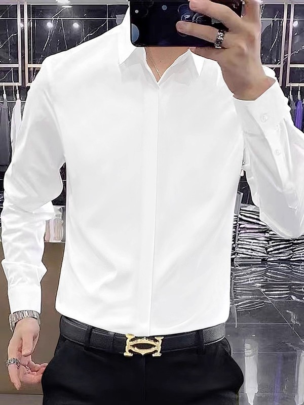 雅痞高级感休闲衬衫男2025春秋长袖纯色商务正装丝滑垂感衬衣男士|undefined