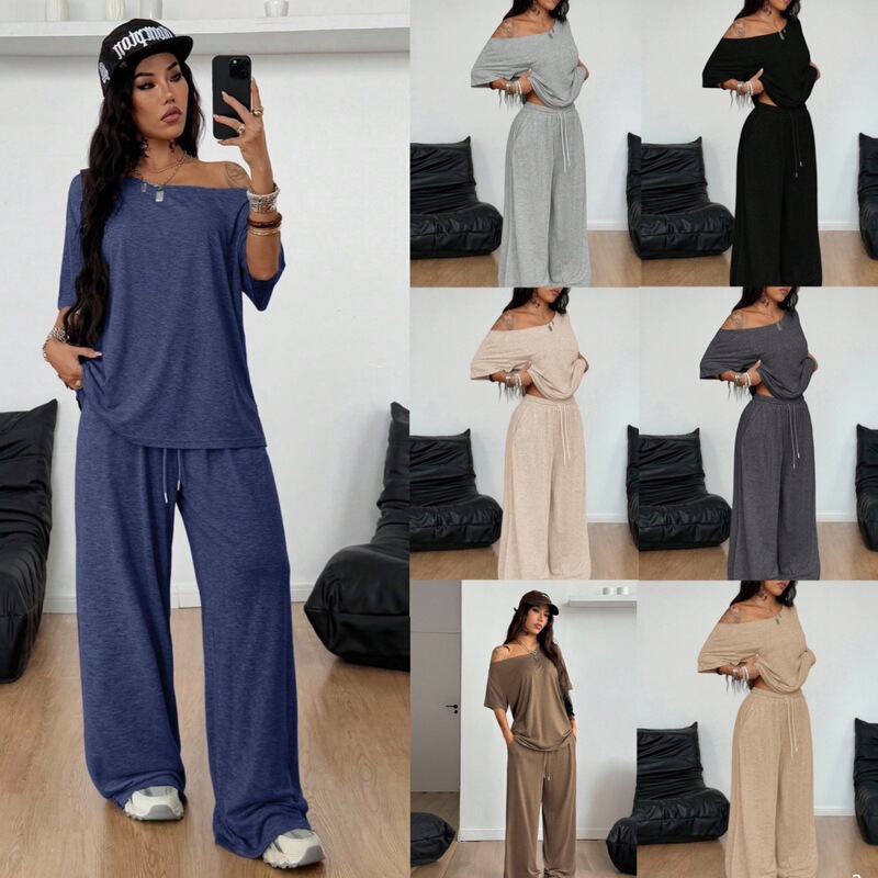 European and American Style Solid Color One-Shoulder Set, Loose and Comfortable Wide-Leg Pants, Casual Sports Two-Piece Set, Lazy Home Wear for Women