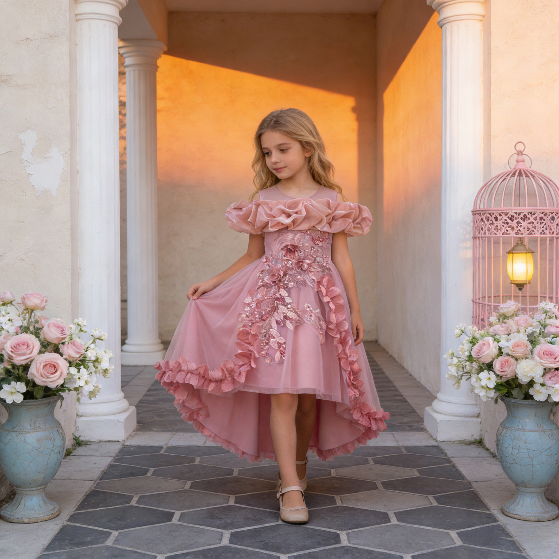 Vestido de comercio exterior, vestido de princesa de niña, vestido de piano, vestido de fiesta, vestido de hombro