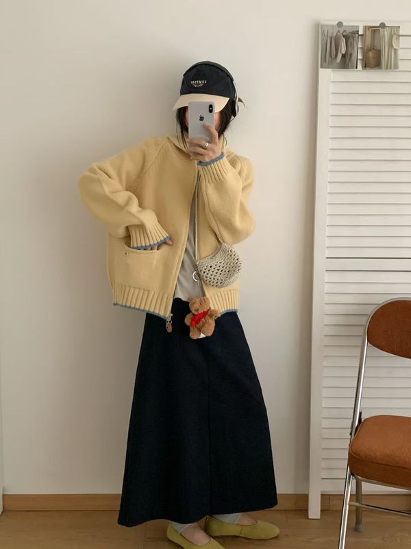 韩版慵懒风款式纯色口袋双拉链软糯针织开衫秋冬新款减龄加厚毛衣|undefined