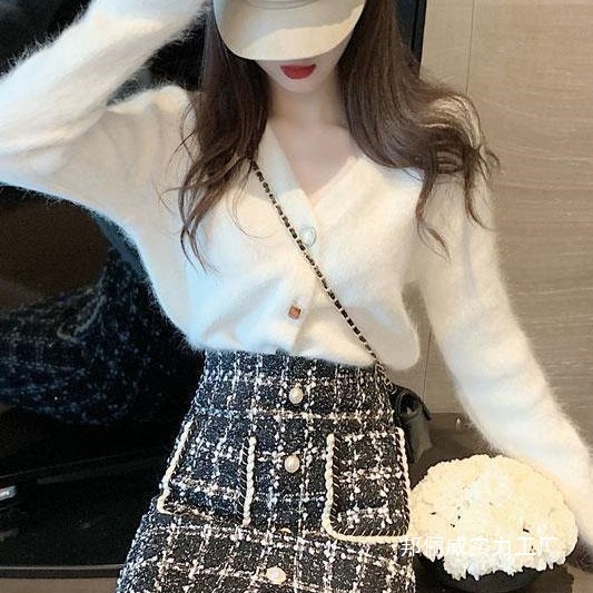 秋冬季韩版外套女毛衣套装裙气质小个子针织开衫毛呢半身裙两件套