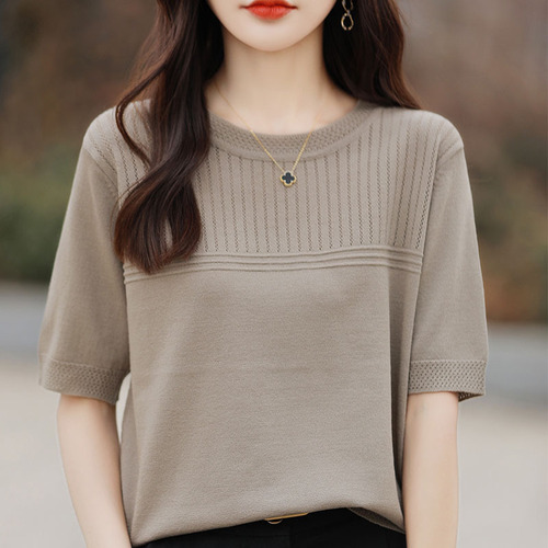 Summer solid color hollow knitted ice silk short-sleeved new design half-sleeved women's top for middle-aged mothers