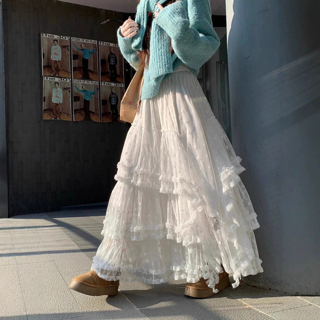 Трансграничное белое тяжелое кружевное сшивание нерегулярной сетчатой юбки-бюстгера Женская весенняя и осенняя юбка торт большая длинная юбка