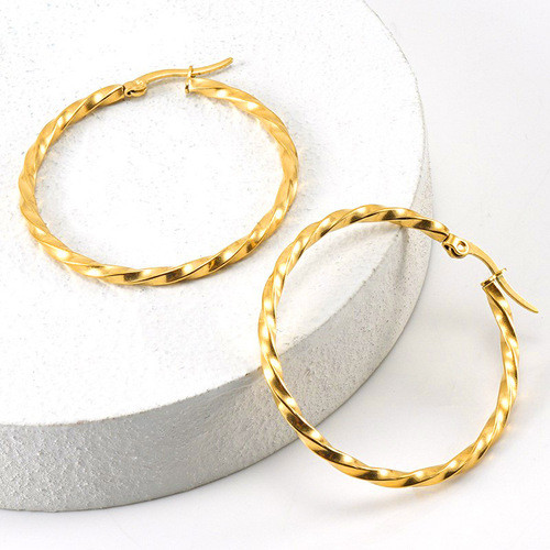 European and American 18K stainless steel personalized round hoop earrings for women, simple titanium steel gold-plated ripple ear hoops with clasp, wholesale