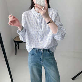 0029 清新气质花边领小碎花长袖衬衣女2026春秋新款显瘦小衫上衣
