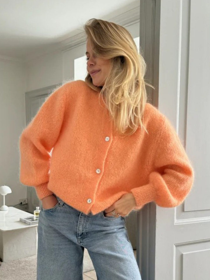 Áo cardigan len dệt kim dáng mỏng nhẹ cài nút một hàng, tay dài cổ tròn nữ — hoa hồng đỏ, màu be, màu cam, màu hoa cà chi tiết 79