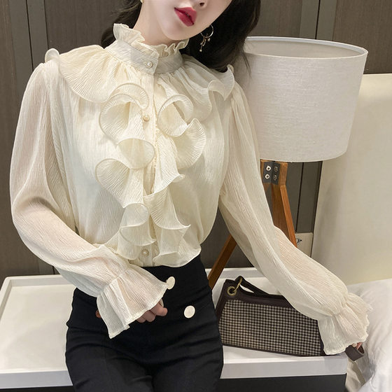 Women's Spring and Autumn 2025 New Ruffled Long-sleeved Chiffon Shirt Super Fairy Solid Color Commuting Age-reducing Top