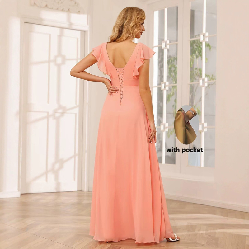 2026 New Chiffon Bridesmaid Dress Party Evening Dress with Slit V-Neck Short Sleeves Ruffled Long Bridesmaid Dress