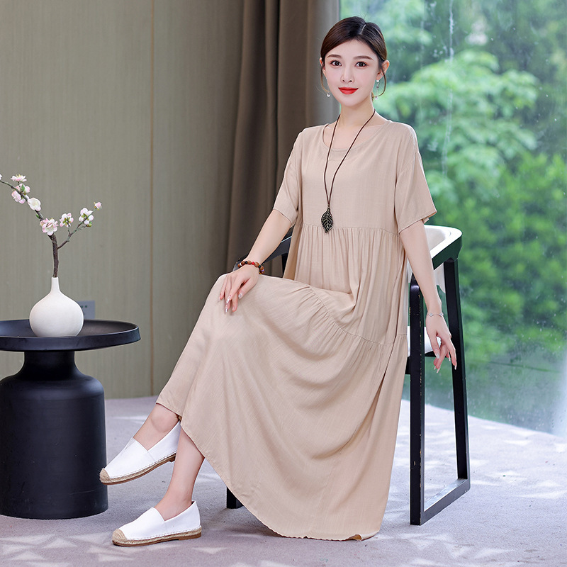 Summer Cotton Silk Dress for Women, Plus Size, Loose Long Style, Over-The-Knee Skirt, 2026 New Stylish Slimming Mom Dress