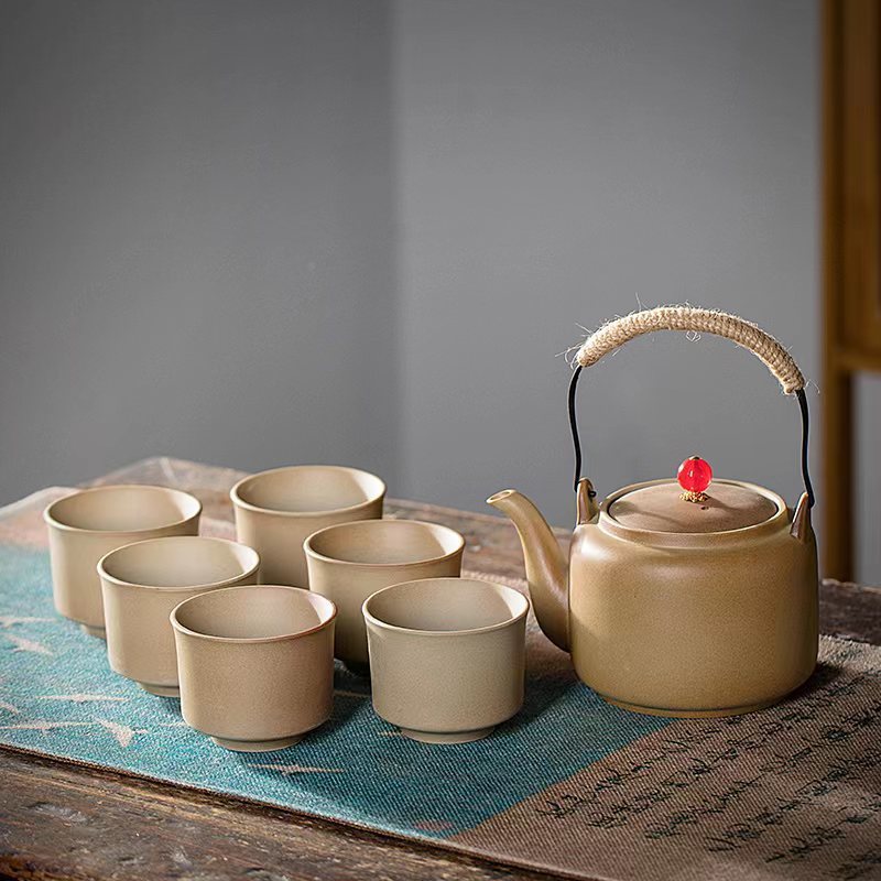 Juego de Té para Preparar con Carbón Vegetal, con Tetera de Cerámica Rústica Vintage, Tetera con Asa Lateral, Jarra, Estilo Chino para Exteriores y Hogar.