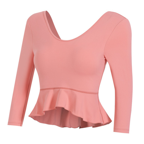 22 ruffled tops with chest pads for women, long-sleeved, slim, sexy, quick-drying clothing, running training, fitness yoga clothing
