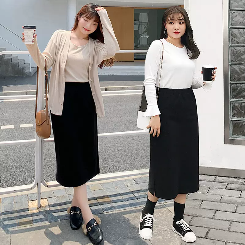 大码半身裙胖mm秋装女装松紧腰针织直筒开叉显瘦中长款设计感2562