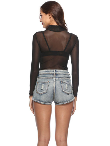 Summer women's clothing sexy ultra-thin mesh elastic tight long-sleeved half-high-collar base shirt