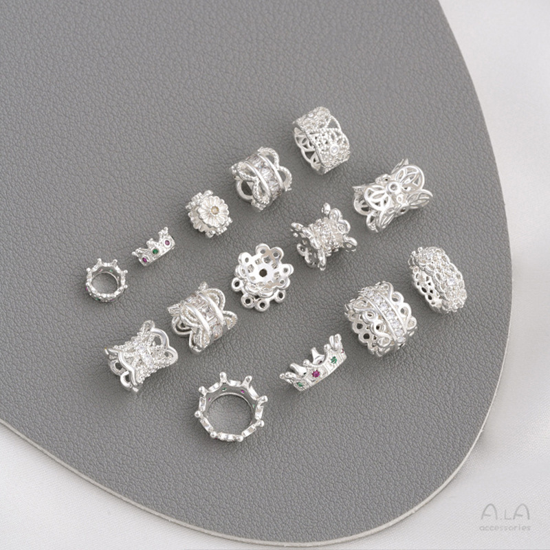 Strong color retention bag thick silver inlaid zircon lace double-sided flower holder crown spacer large hole bead jewelry accessories