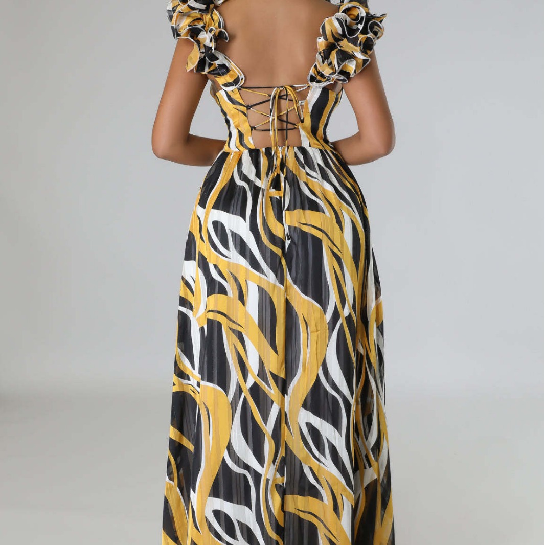 HX0246 de las mujeres europeas y americanas de gasa con cuello en V backless largo Vestido de playa image 6