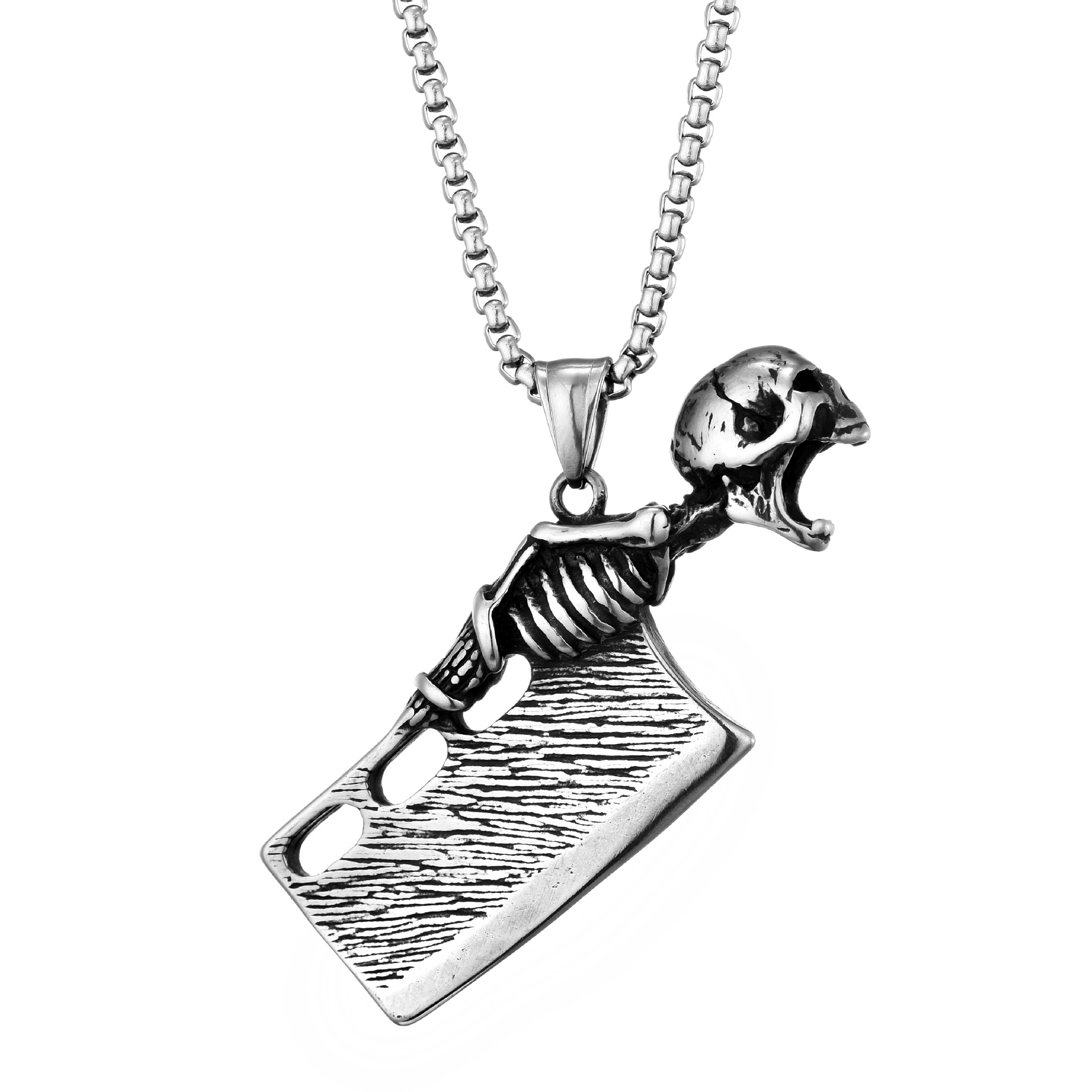 Collier homme style punk tête de mort et épée en acier inoxydable_voghion.com