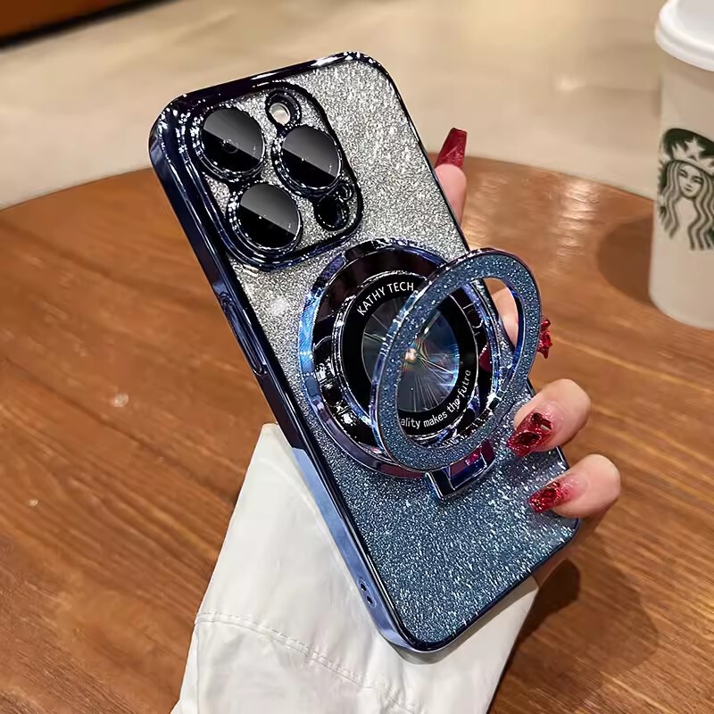 IPhone15メッキtpuフラッシュパウダー磁気吸引スタンド携帯ケースリンゴ16透明転倒防止i14保護カバーを適用|undefined