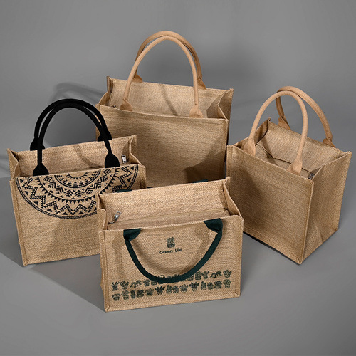 Cotton Bag In Stock, Same As Mall Gift Handbag, Literary DIY Good Quality Linen Jute Bag, Zipper Canvas Bag
