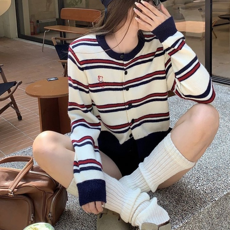 韩系撞色条纹长袖针织衫女秋季时尚慵懒小个子圆领显瘦毛衣开衫潮|undefined