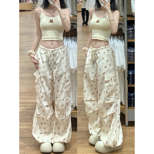 American Retro Print Work Pants for Women - Summer Thin Straight Leg Wide Leg Pants for Women - Casual Floral Long Pants for Women - Trendy