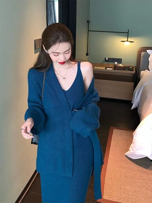 高端气质名媛女神范高级感针织开衫毛衣连衣裙两件套女早秋冬季|undefined
