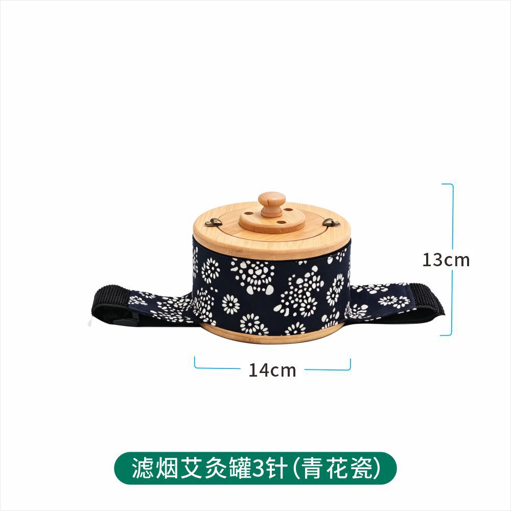 Smokeless Moxibustion Device Wooden Warm Moxa Burner for Waist and Abdomen with Blue White Porcelain Jar and Moxa Cones in use