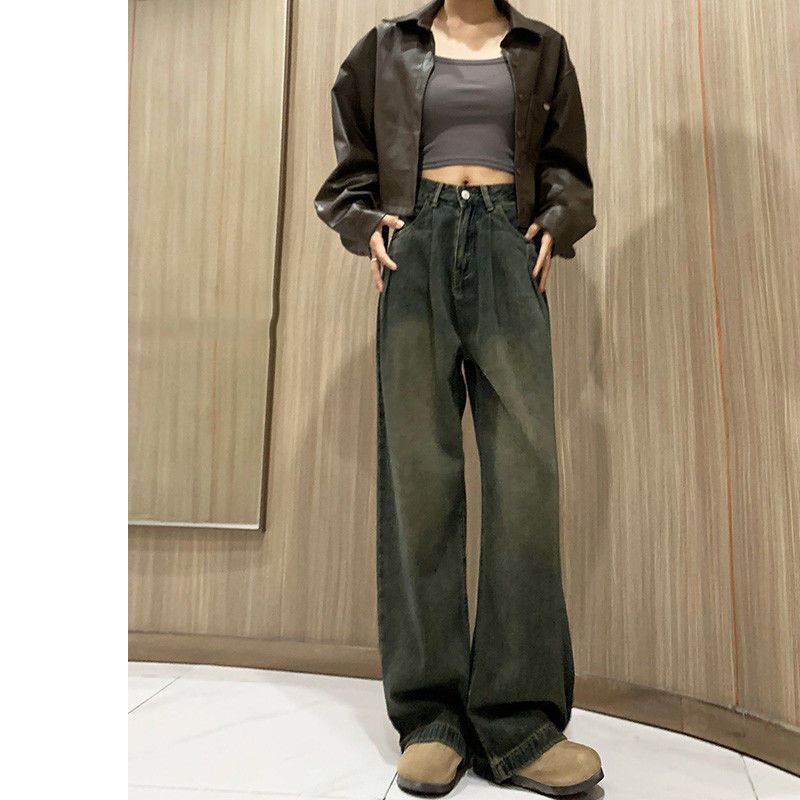 플러스 사이즈 뚱뚱한 시멘트 회색 넓은 다리 청바지 여성의 봄과 가을 2024 새로운 높은 허리 슬리밍 느슨한 스트레이트 바지