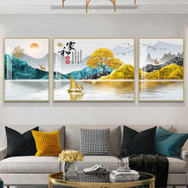 现代客厅装饰画沙发背景墙挂画新中式家和富贵三联画福鹿吉祥壁画