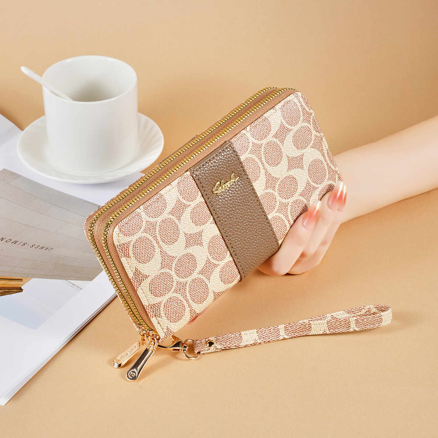 Nuevo tipo de billetera de doble tracción de tendencia transfronteriza impresión de empalme de moda universal doble multi-tarjeta zipper bolso