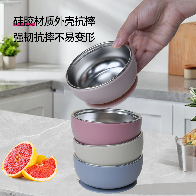 Cross-Border New Product Children's Silicone Stainless Steel Round Bowl with Suction Cup Anti-Scalding and Anti-Fall Food Grade Baby Silicone Dinnerware