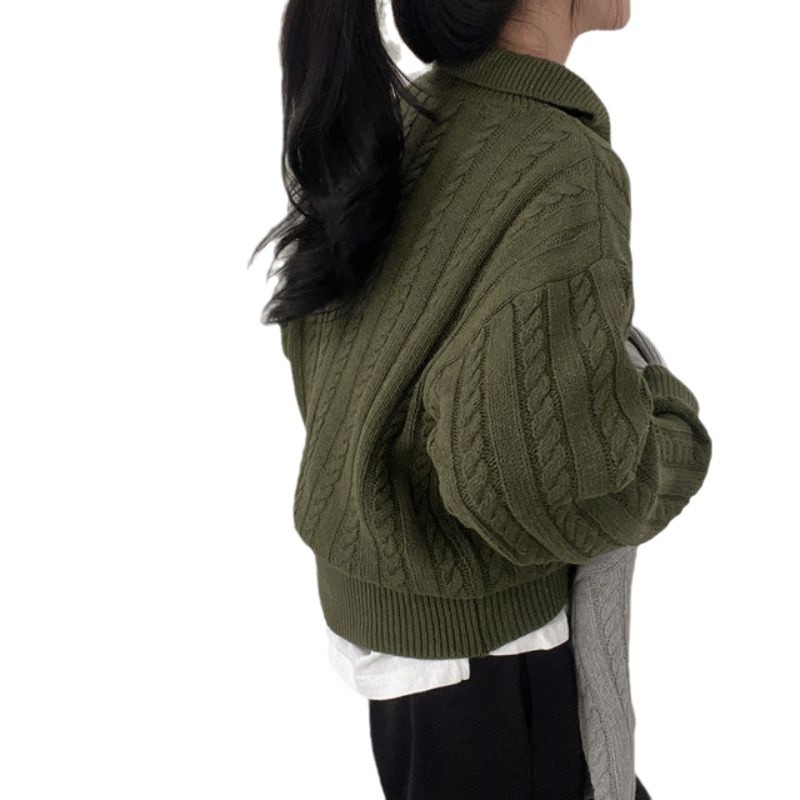 Demi-season knitted retro short sweater with zipper