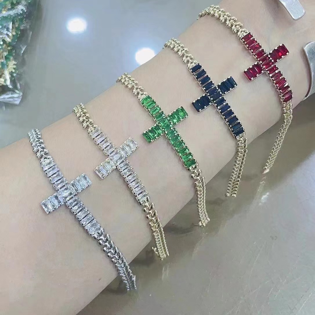 Retro Cross Copper Inlay Zircon Bracelets 1 Piece