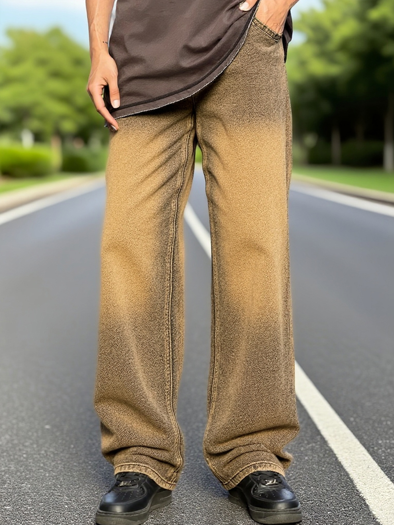 Pantaloni casual da uomo in stile coreano, a gamba dritta e ampia, in poliestere di peso medio, alla moda e adatti a tutte le stagioni._voghion.com