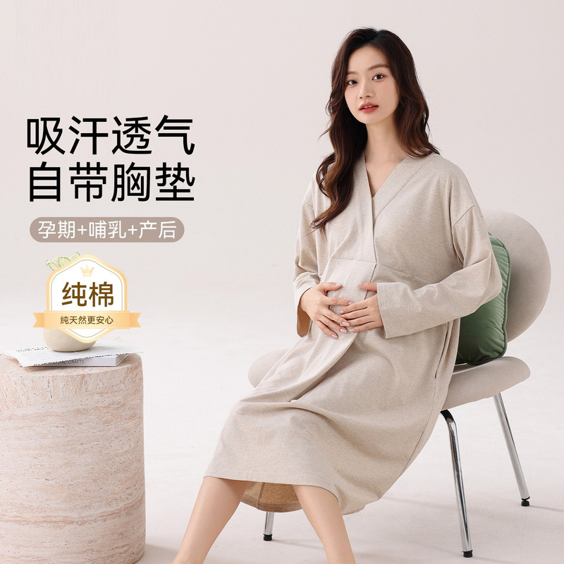 Maternity Nightgown with Breast Pads for Pregnant Women, Spring and Autum Pure Cotton Nursing Pajamas, Postpartum Confinement Clothes, Maternity Delivery Room Maternity Skirt Maternity Nightgown with Breast Pads for Pregnant Women, Spring and Autum Pure Cotton Nursing Pajamas, Postpartum Confinement Clothes, Maternity Delivery Room Maternity Skirt