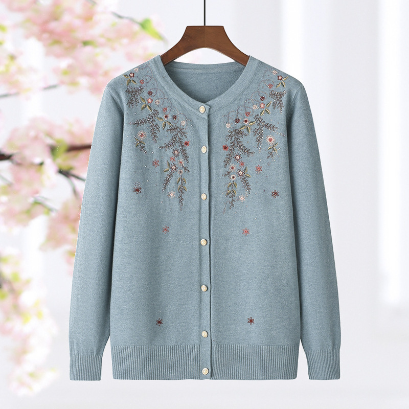 Mom's New Spring & Fall Sweater Cardigan Middle-Aged and Elderly Women's Round Neck Embroidered Knitted Jacket Grandma Long-Sleeved Top