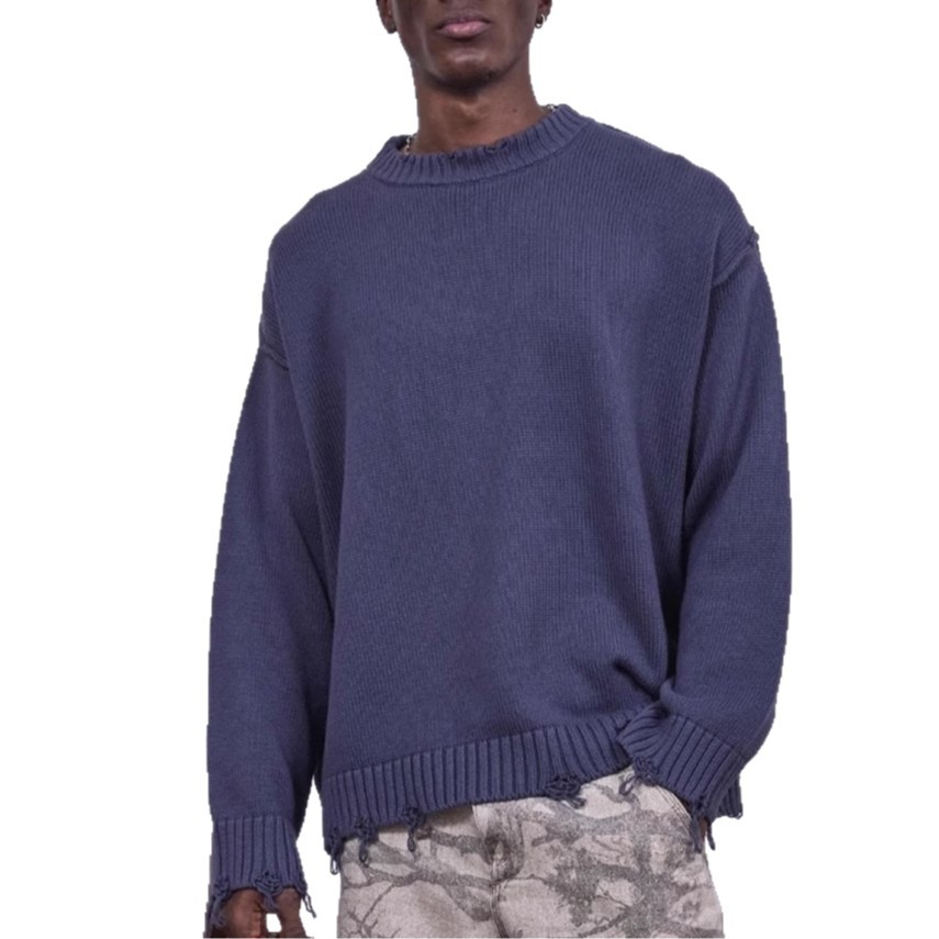 Estación independiente europea y americana otoño e invierno suéter rasgado hombres y mujeres costura de cuello redondo marca de moda retro suéter suelto casual