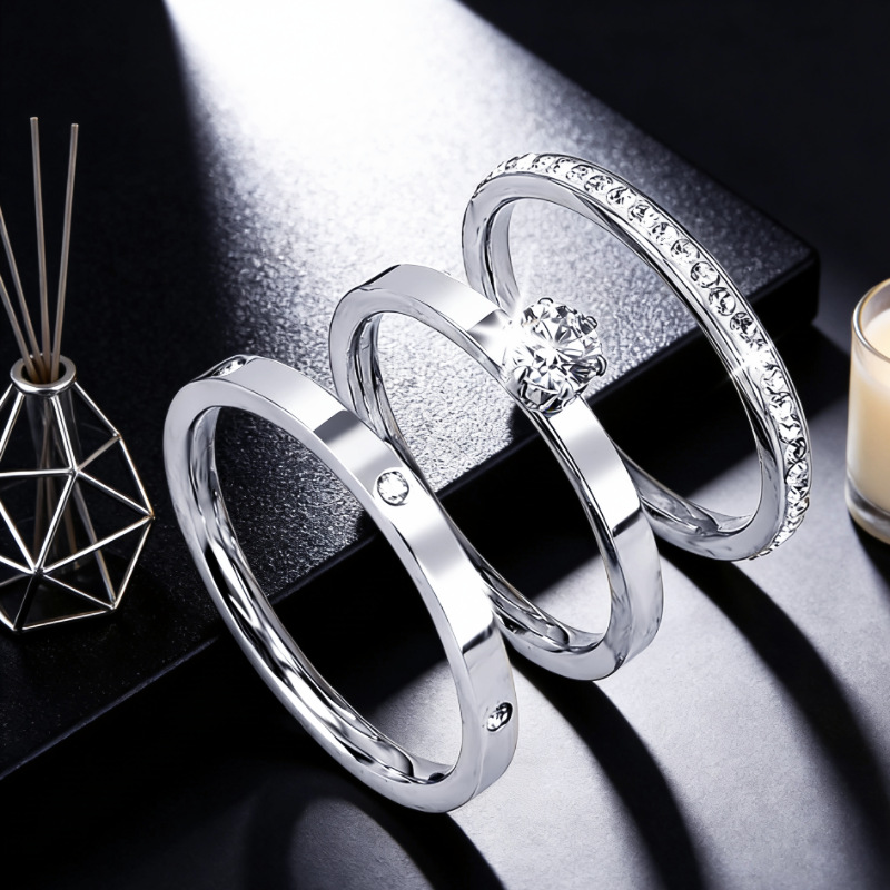 Cross-Border Titanium Steel Ring, Diamond-Encrusted Women's Starry Sky Three-Piece Set of Diamond Rings, Niche High-End Feel That Does Not Fade