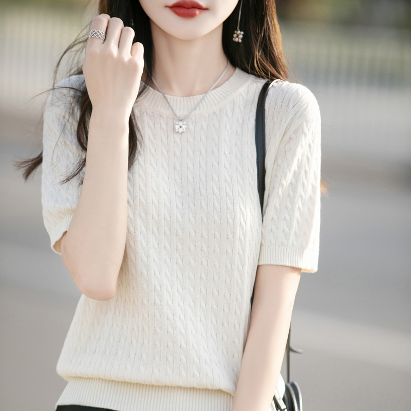 100% Pure Cotton Short-Sleeve Knit Round-Neck Spring/Summer Thin Cable Knit Base Shirt T-Shirt Slimming Top Wholesale Women's Clothing 100% Pure Cotton Short-Sleeve Knit Round-Neck Spring/Summer Thin Cable Knit Base Shirt T-Shirt Slimming Top Wholesale Women's Clothing