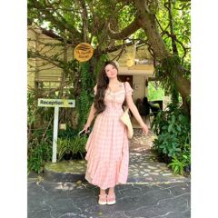 優しいスタイルのパターンプリンセスドレス女性 2025 夏の新しい少し太ったプラスサイズのチェック柄ドレス