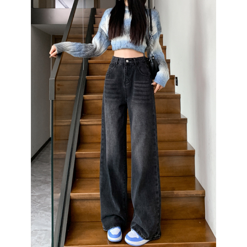 검은 회색 넓은 다리 청바지 여성의 가을과 겨울 새로운 도착 플러스 사이즈 높은 허리 느슨한 슬리밍 좁은 스타일 스트레이트 바지