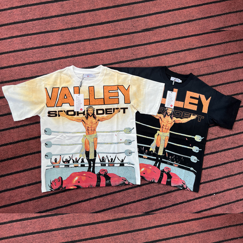 Valley American Trendy Brand High Street Boxer Ring Print Half-Sleeved Retro Loose Short-Sleeved T-Shirt Men's and Women's Short-Sleeved