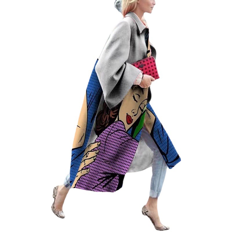 Abrigo de Lana con Estampado y Solapa de Modal Manga Larga para Otoño