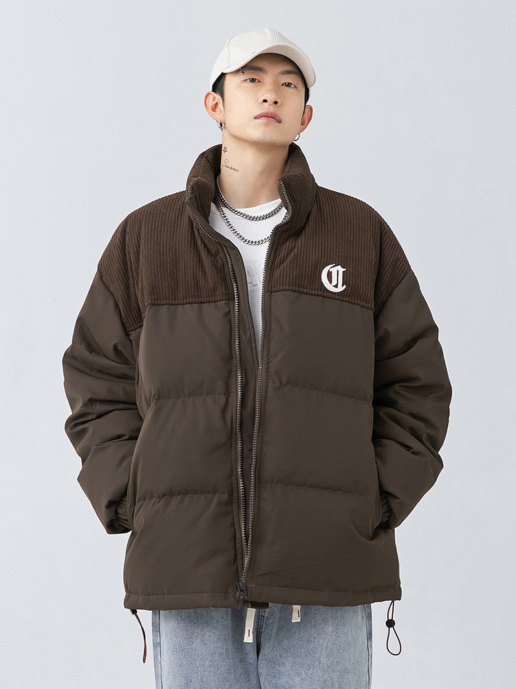 Chaqueta de algodón gruesa de invierno para parejas, nuevo estilo de invierno con bordado de letras, marca de moda, abrigo de algodón con parches de pana holgada.