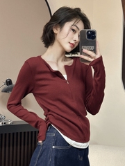 不规则褶皱T恤女独特假两件上衣春秋2025美式拉链酒红色长袖打底