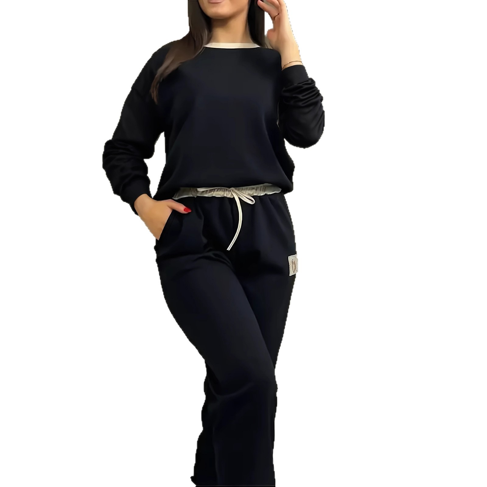 Women's European American Style Color Block Two Piece Set Long Sleeve Top with Heart Logo Drawstring Trousers Autumn Winter_ecoleips.com