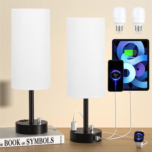 American-style small table lamp, minimalist modern touch with three-level dimming, round with USB-C port socket, bedroom bedside lamp